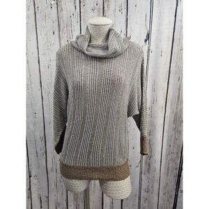 Frenchi L Cowl Neck Sweater open knit Brown Blue Stripe Dolman 3/4 Sleeve Top